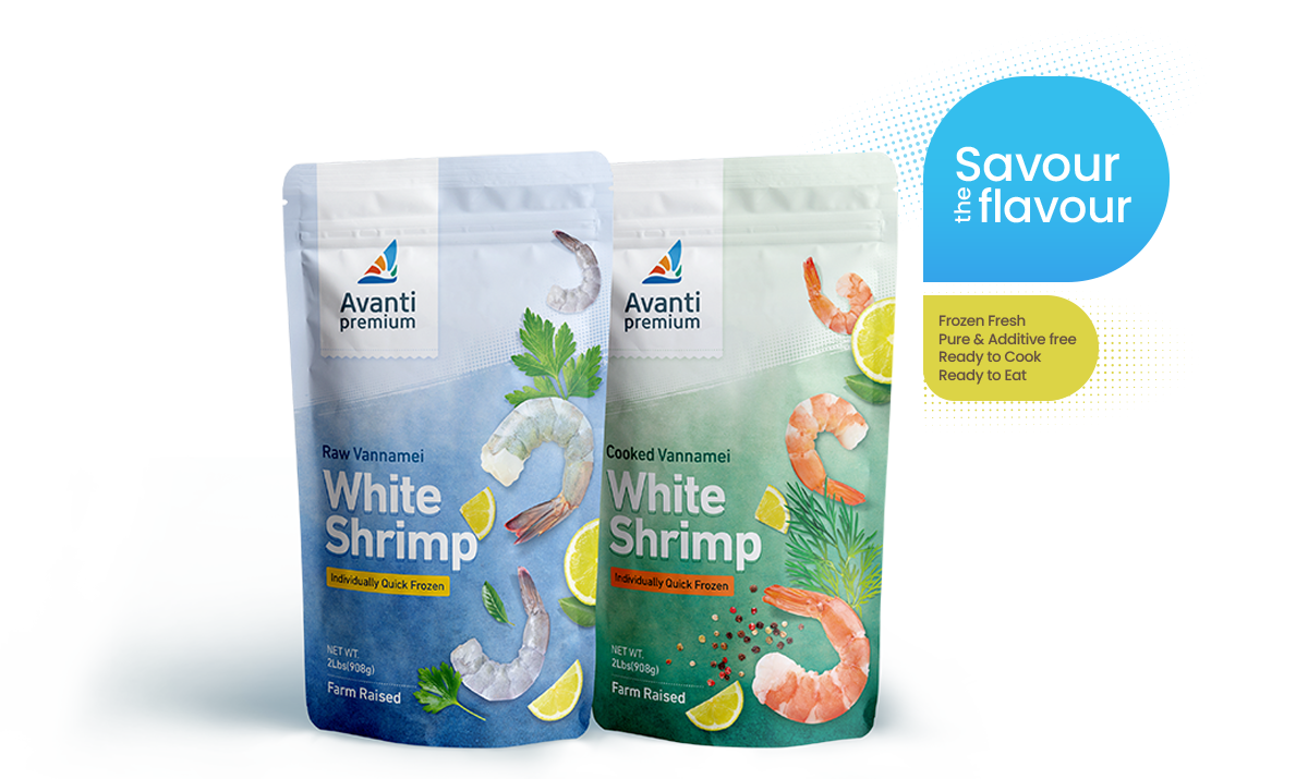 Avanti feeds limited- raw and cooked vannamei white shrimp individual quick frozen package